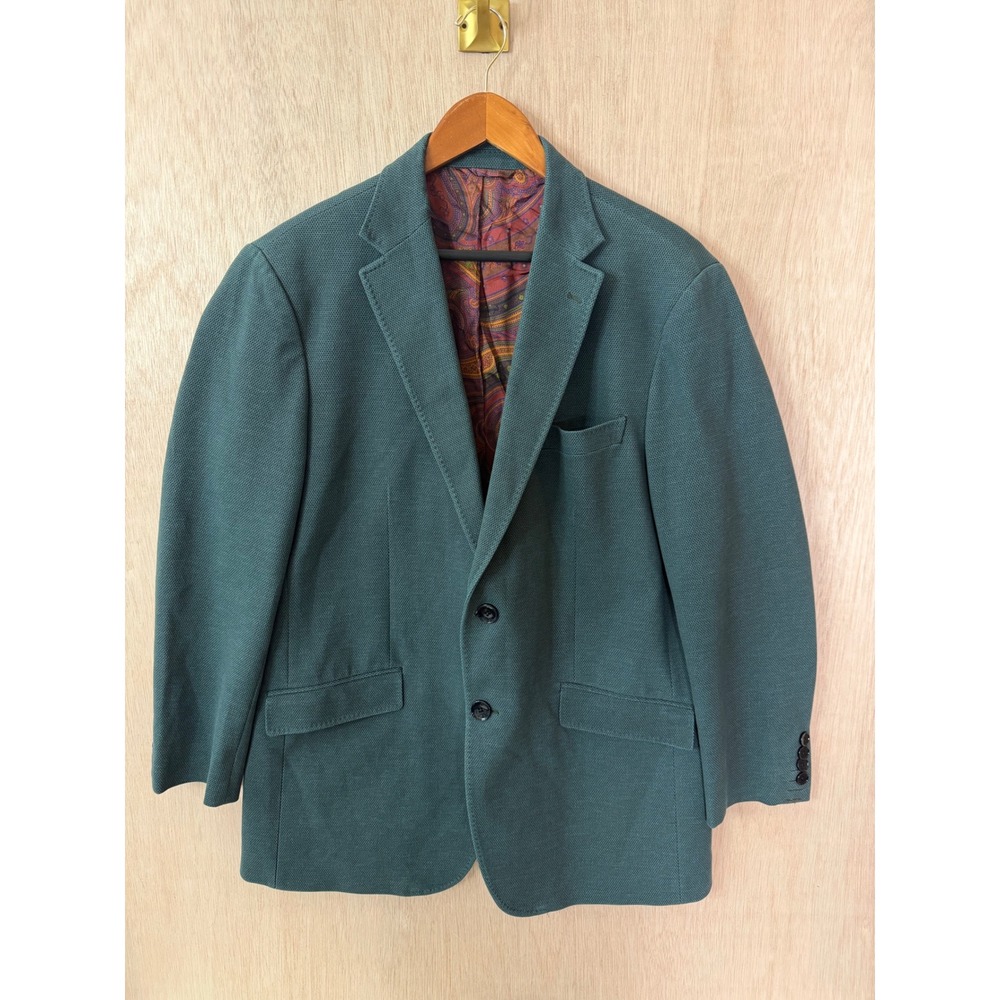 Etro Milano Mens 54 Teal Green Textured Blazer Paisley Lining Made in Italy